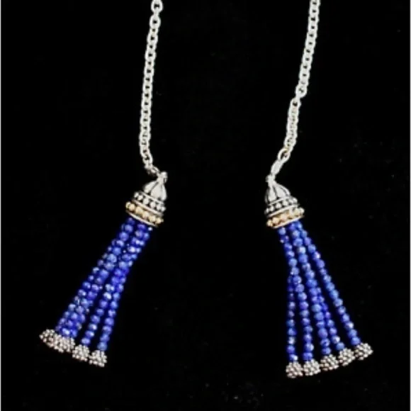 LAGOS Sterling Silver 18k Yellow Gold Caviar Icon Lapis Tassel Lariat Necklace